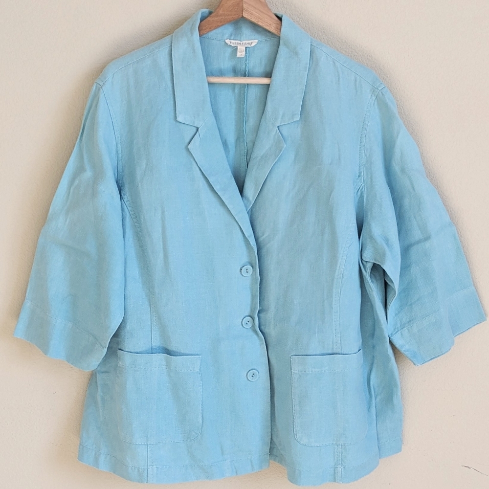 Eileen Fisher 100% Linen Blazer Jacket 1X Aqua Summer Coastal Work Lagenlook - Picture 2 of 7